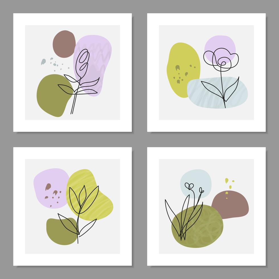 Set of abstract contemporary cards with spots, dots, one line flowers. vector