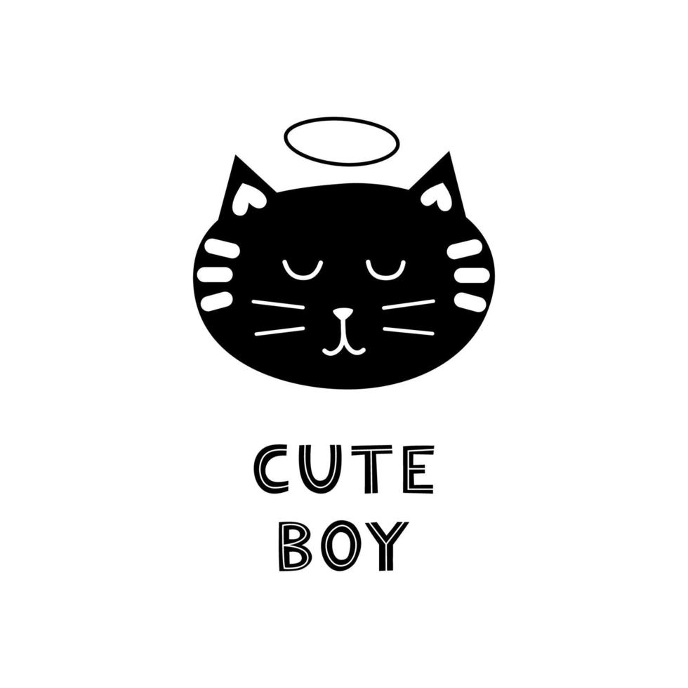 Doodle cat face with lettering cute boy. vector