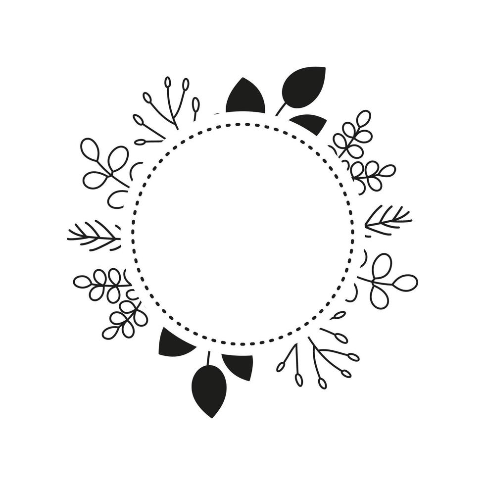 Round wreath with doodle leafy twigs, wild herbs, plants, berries. vector