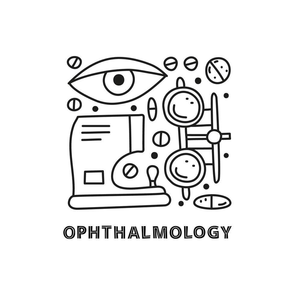 Group of doodle outline ophthalmology icons. vector