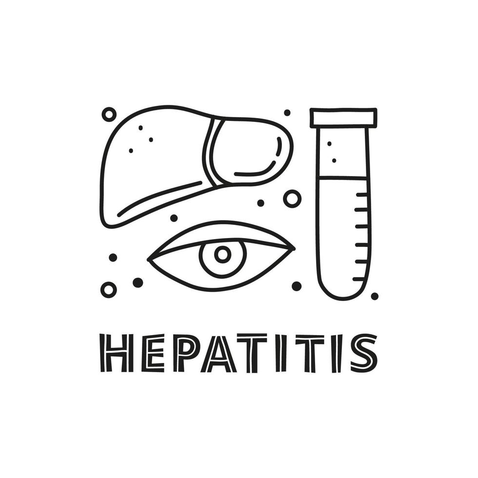 doodle iconos médicos de hepatitis y letras. vector