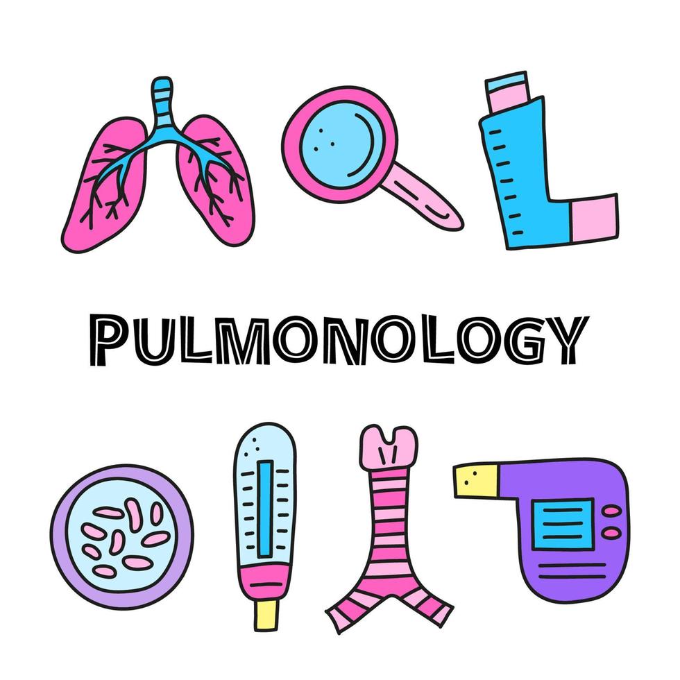 Poster with doodle colored pulmonology items. vector