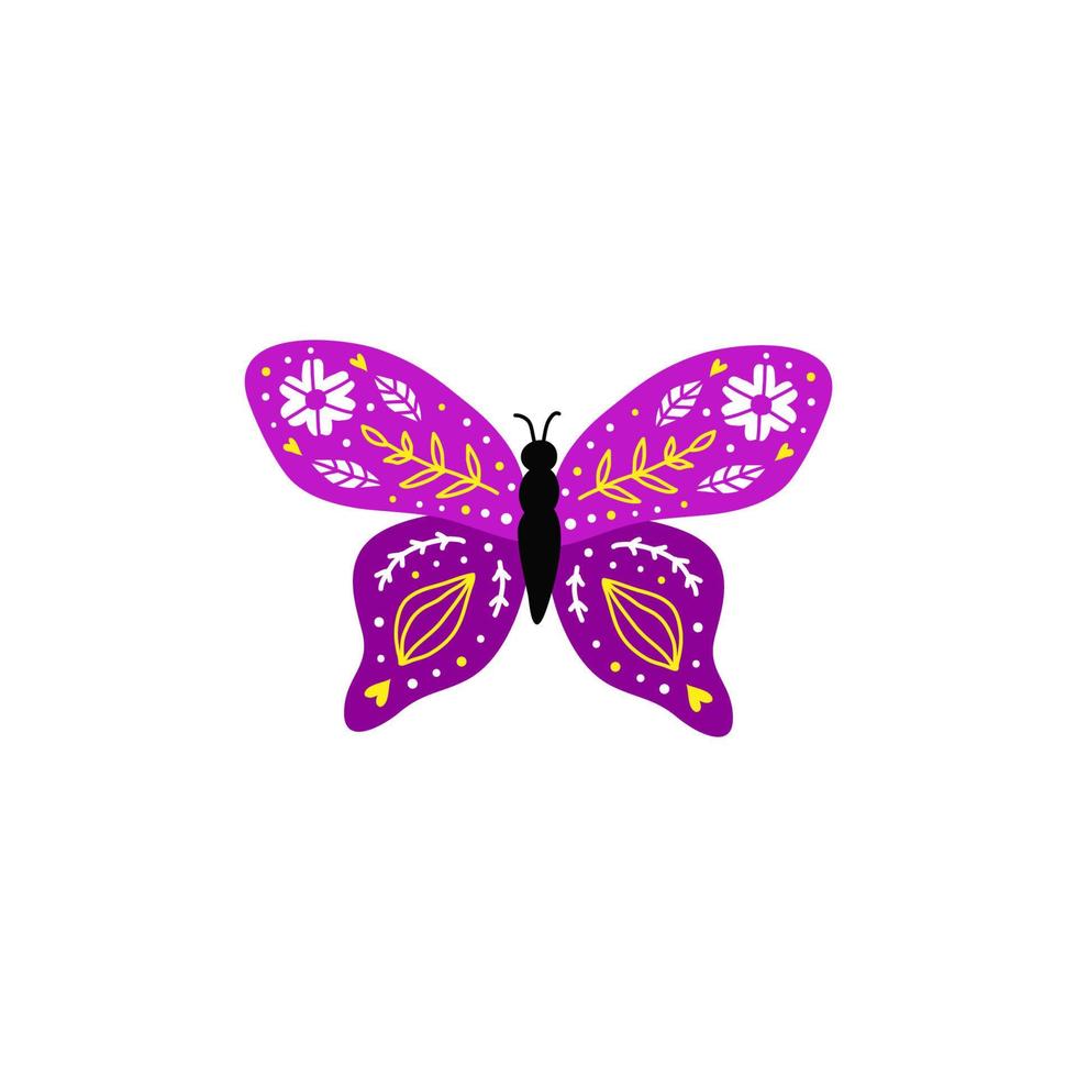 Doodle butterfly with floral decor. vector
