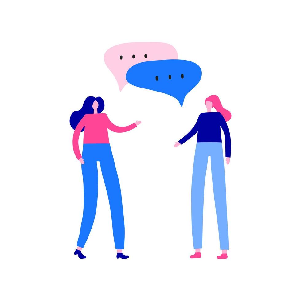Two women or girls standing and talking with each other. vector