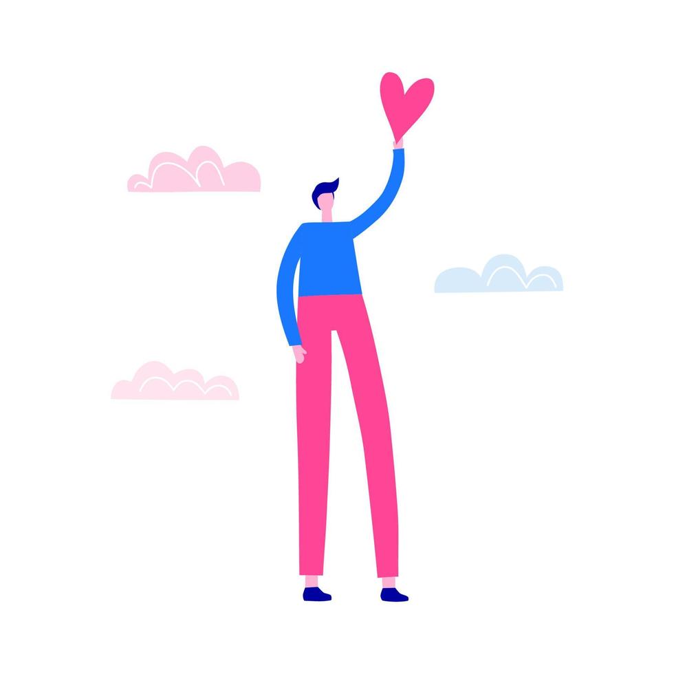 Flat man character holding a heart. vector