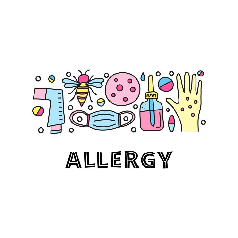 Lettering and group of doodle colored allergy icons. vector