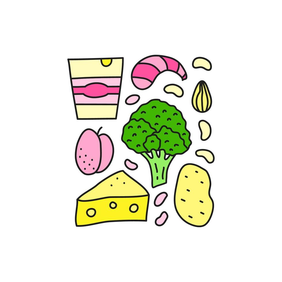 Group of doodle colored iodine food sources. vector