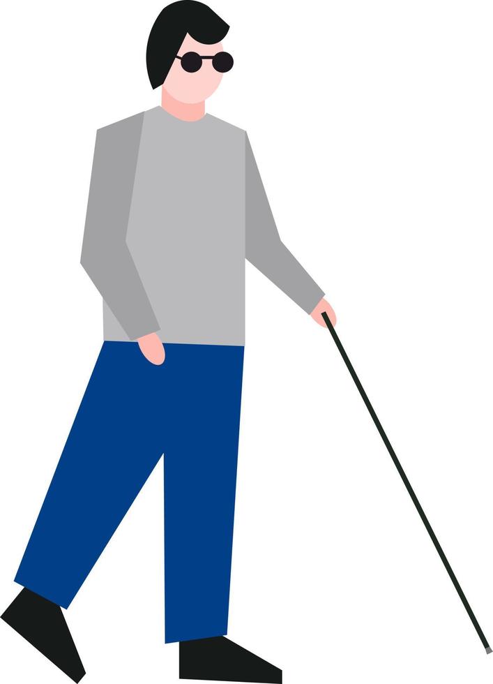 A blind man in glasses walks with a stic vector