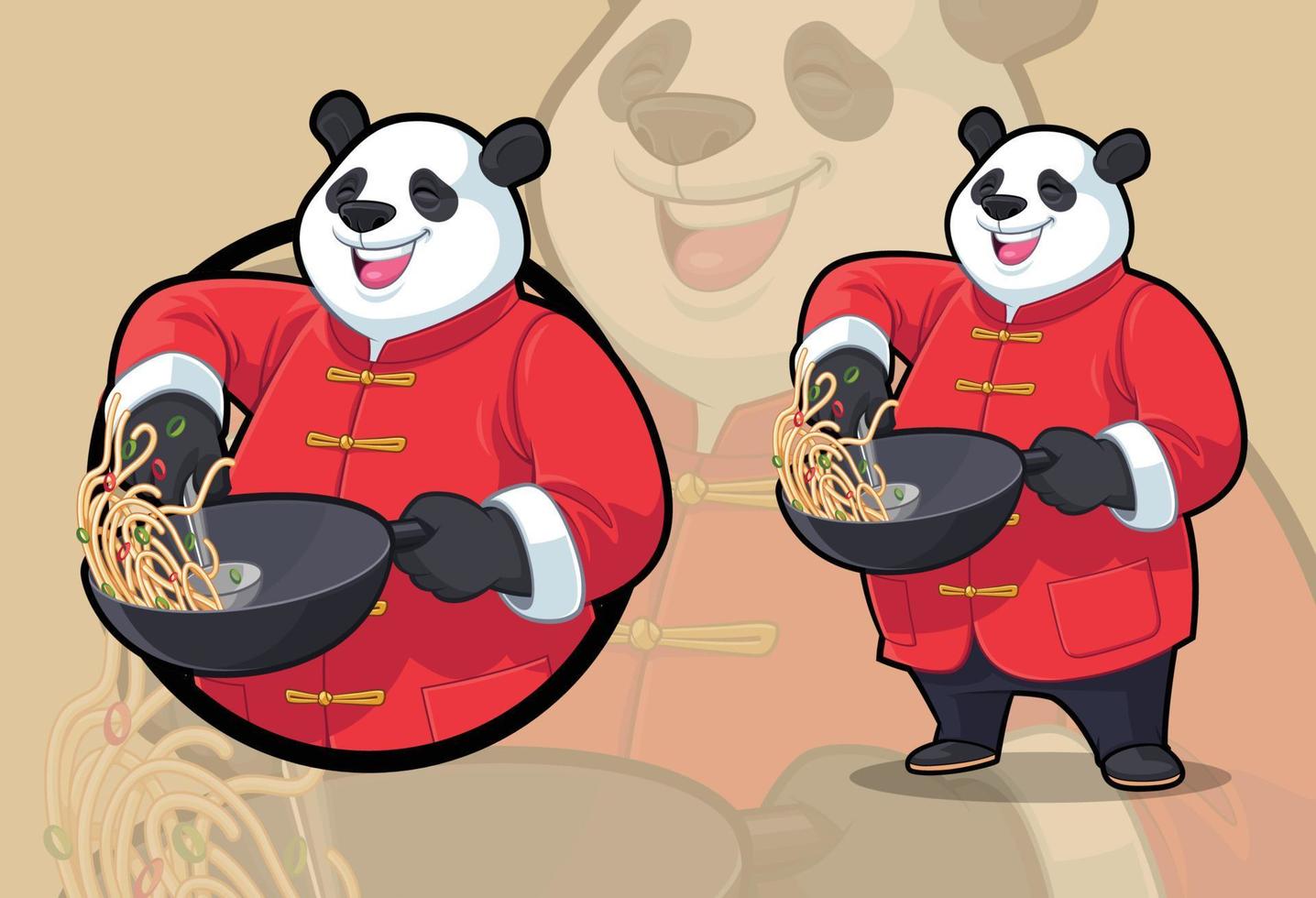 chef panda cocinando fideos vector