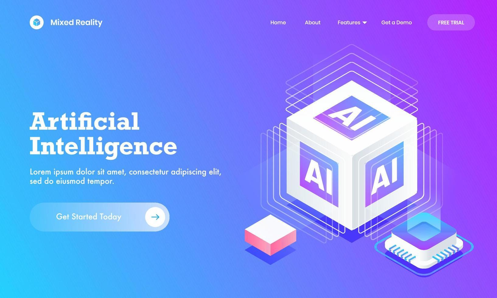 Artificial Intelligence website poster or landing page design with 3d AI cube block and digital circuit chip. vector