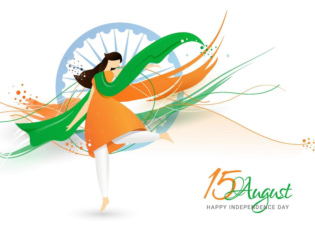 Creative illustration of woman wearing tricolor cloth and dancing in front of wheel for celebrating 15th August Indian Independence Day on abstract background. vector