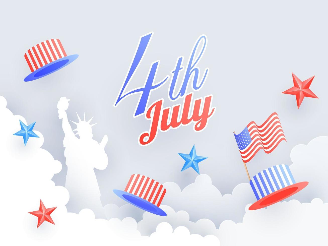 Afiche de la celebración del 4 de julio o diseño de pancarta decorado con estatua de la libertad, sombrero del tío sam y estrellas coloridas sobre fondo nublado cortado en papel. vector