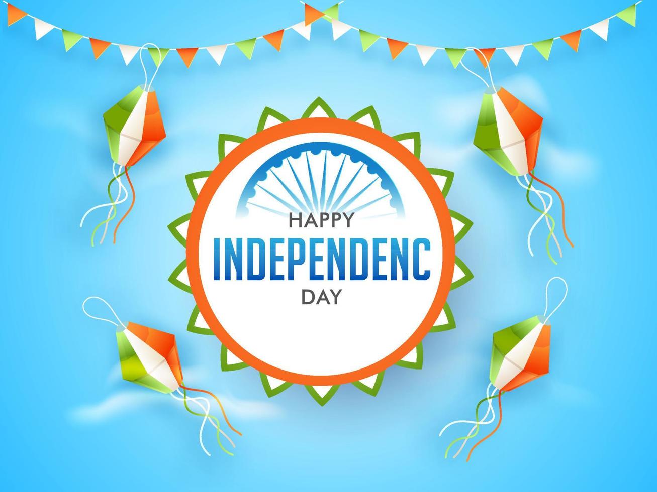 15th August. Indian Independence Day Celebration background with blue sky, kites and tricolor bunting decoration. vector