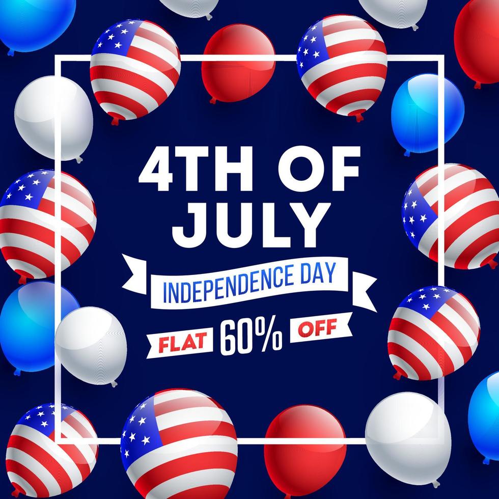 afiche publicitario o diseño de plantilla decorado con globos de color de bandera americana para la venta de independencia del 4 de julio y oferta de 60 descuentos. vector