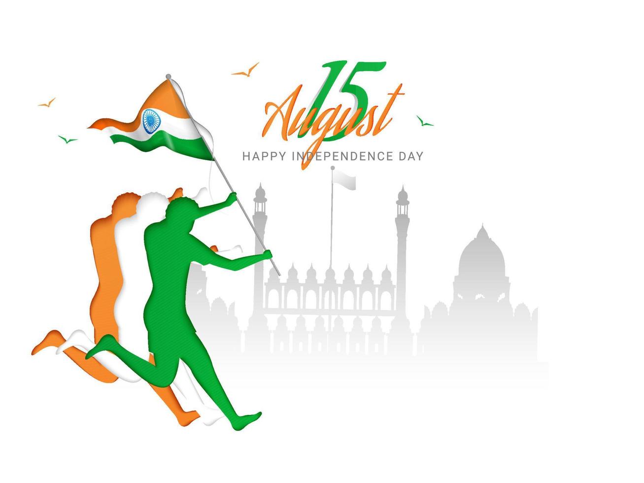 Silhouette of people holding flag and running in front of Red Fort for celebrating Indian Independence day poster or wallpaper design. vector