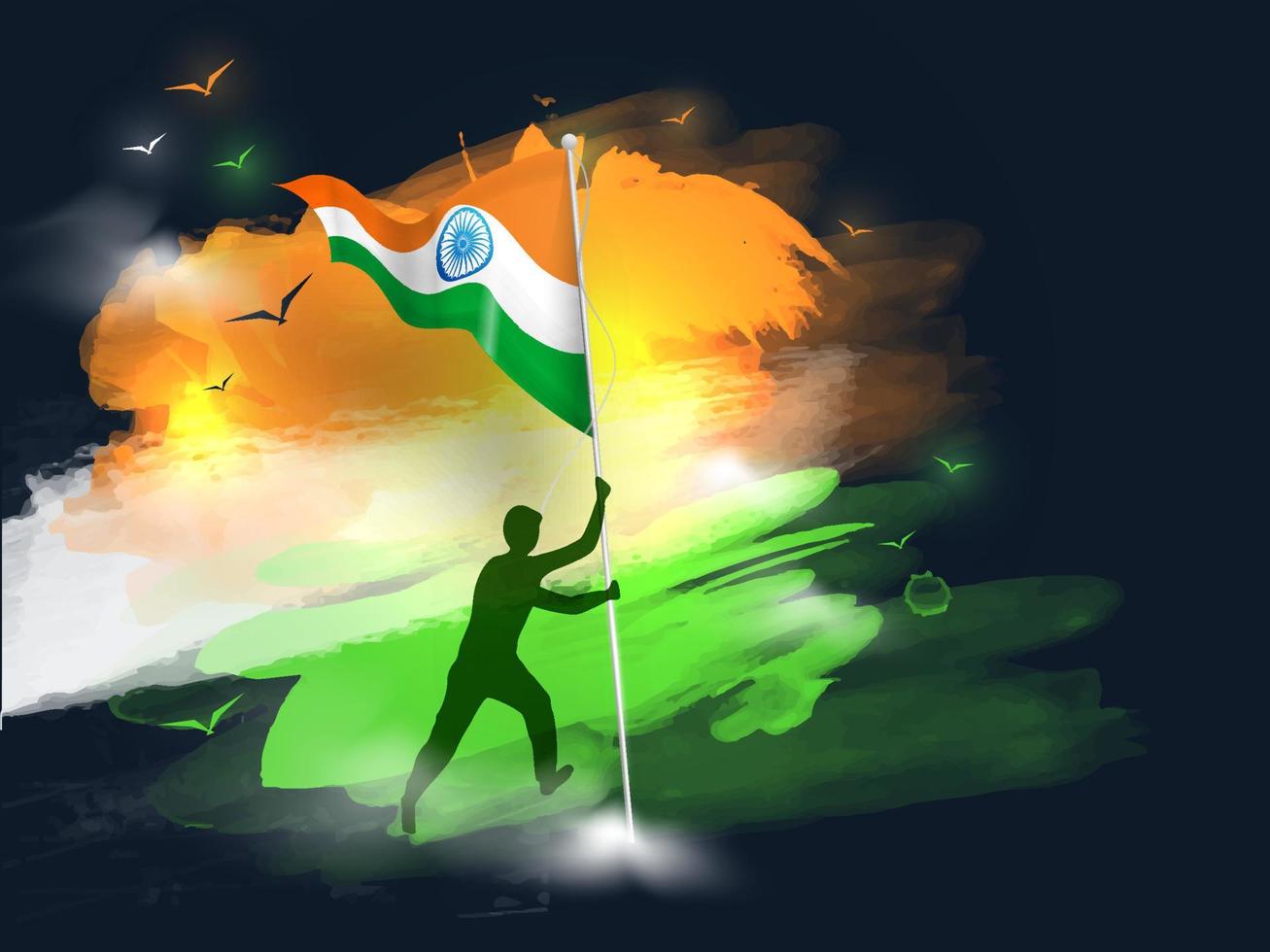 diseño de fondo de pantalla o afiche tricolor abstracto con silueta de un hombre que sostiene la bandera para el feliz día de la independencia. vector