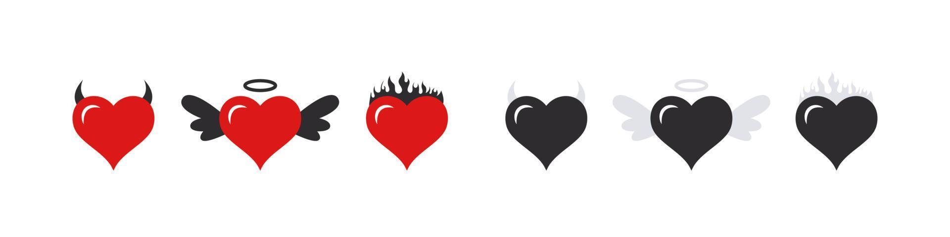 iconos de corazones. corazones con alas, cuernos y fuego. símbolos del amor. corazones de emoticonos. Imágenes de vectores