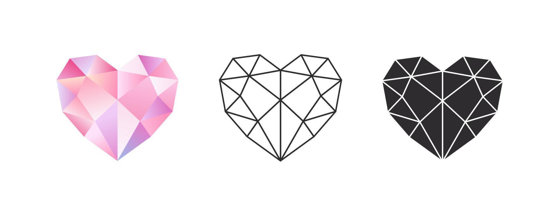 Pink hearts in low poly style. Symbols of love. Emoticons hearts. Vector images