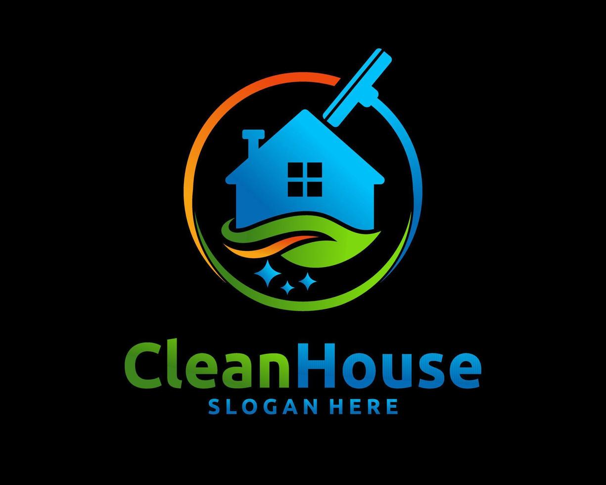 limpiador de casas hogar limpio servicio de limpieza limpieza ecológica hoja fresca vector verde diseño de logotipo