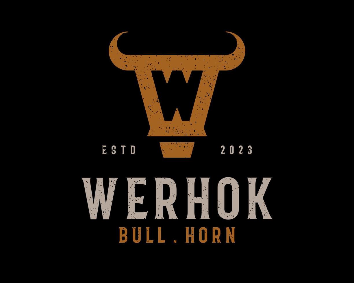 Vintage Retro Classic Head Bull Horn Strong Grunge Rustic with Letter W Abstract Vector Logo Design