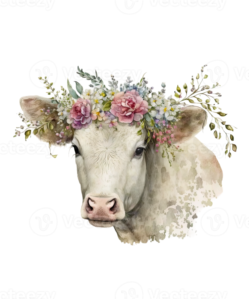 Watercolor cow and Flower on head png