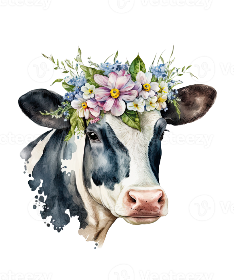 Watercolor cow and Flower on head png