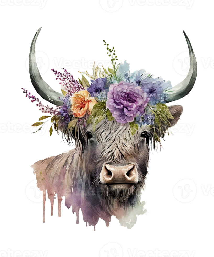 Watercolor cow and Flower on head png