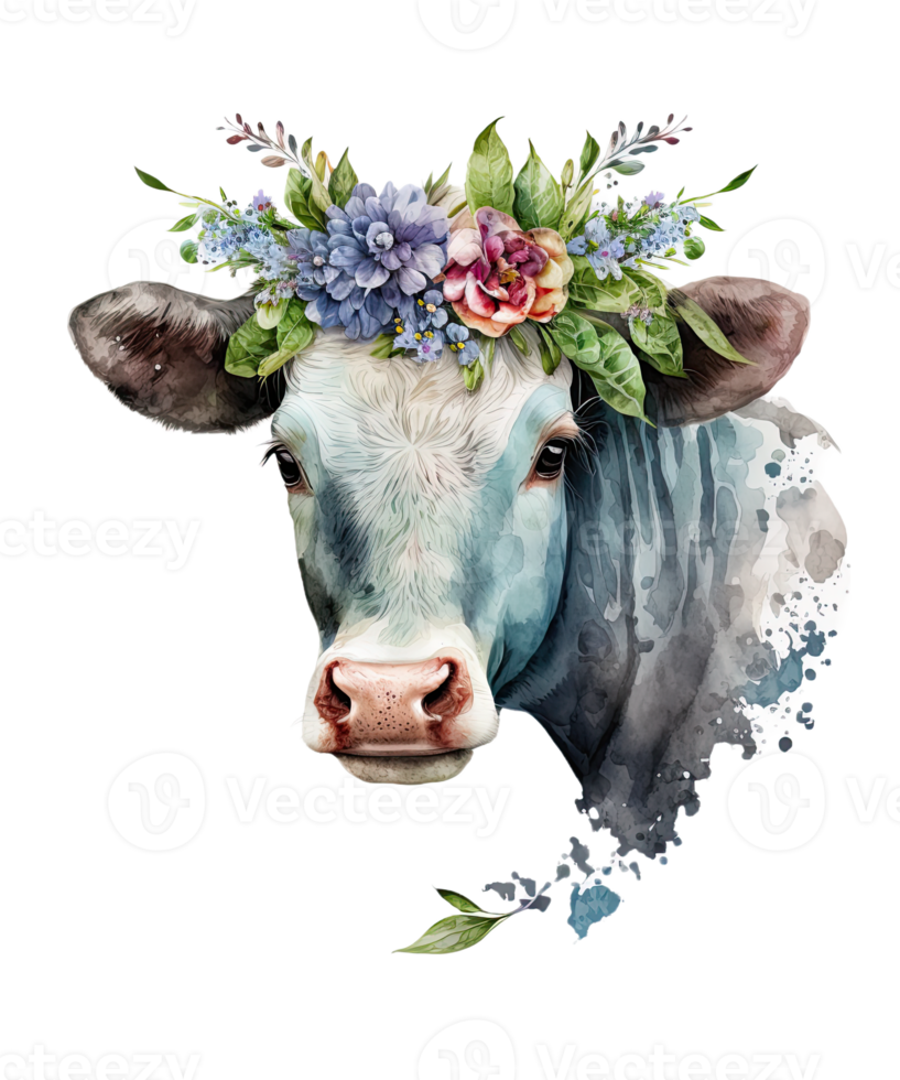 Watercolor cow and Flower on head png