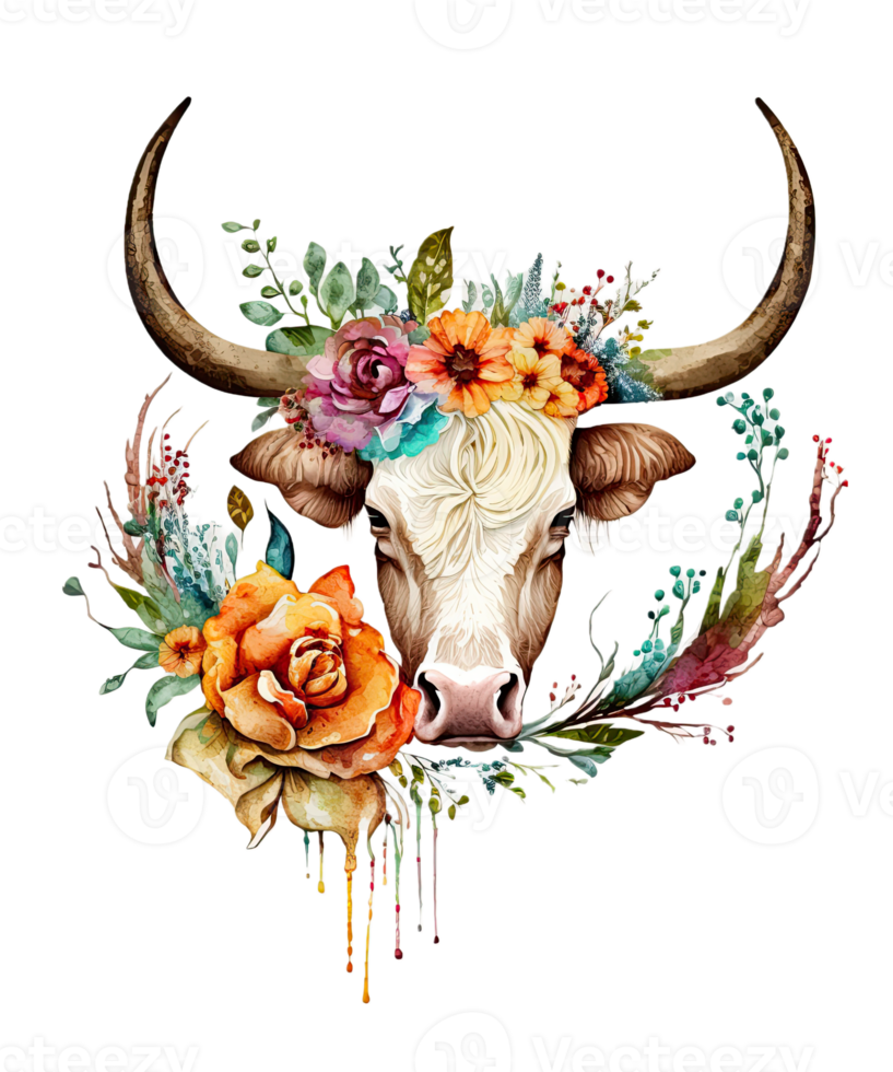 Watercolor cow and Flower on head png