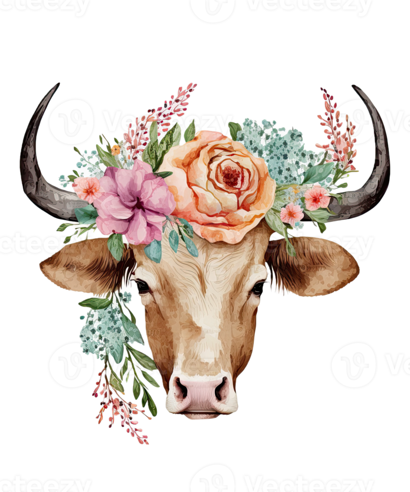 Watercolor cow and Flower on head png
