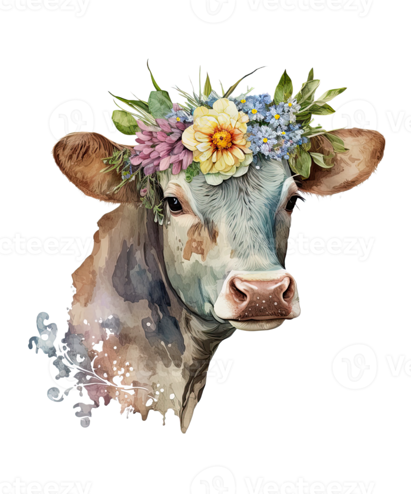 Watercolor cow and Flower on head png