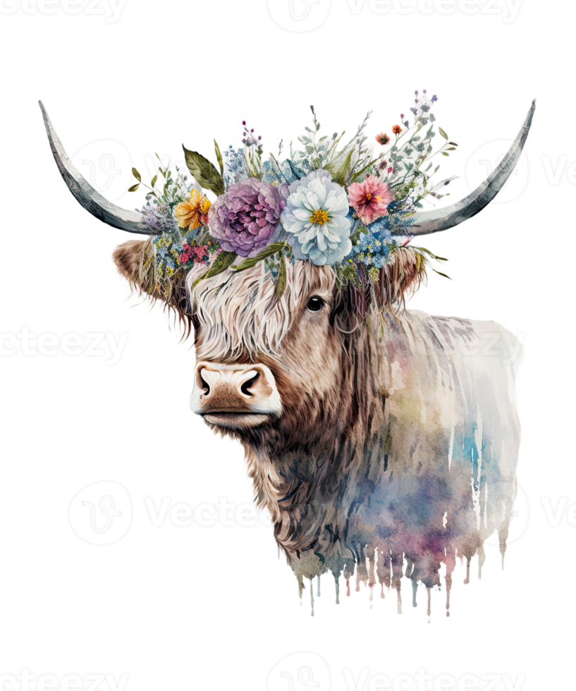 Watercolor cow and Flower on head png