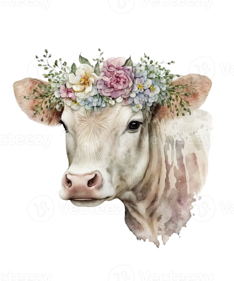 Watercolor cow and Flower on head png