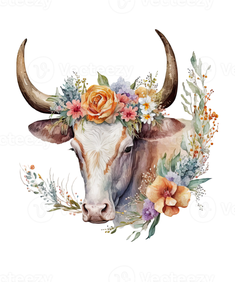 Watercolor cow and Flower on head png