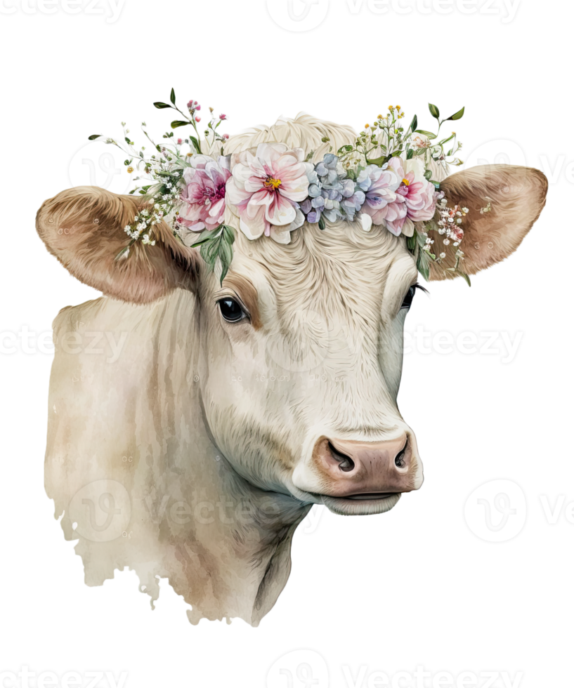 Watercolor cow and Flower on head png