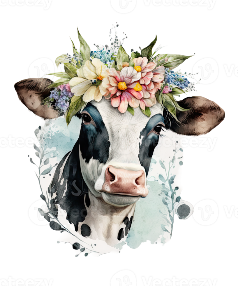 Watercolor cow and Flower on head png