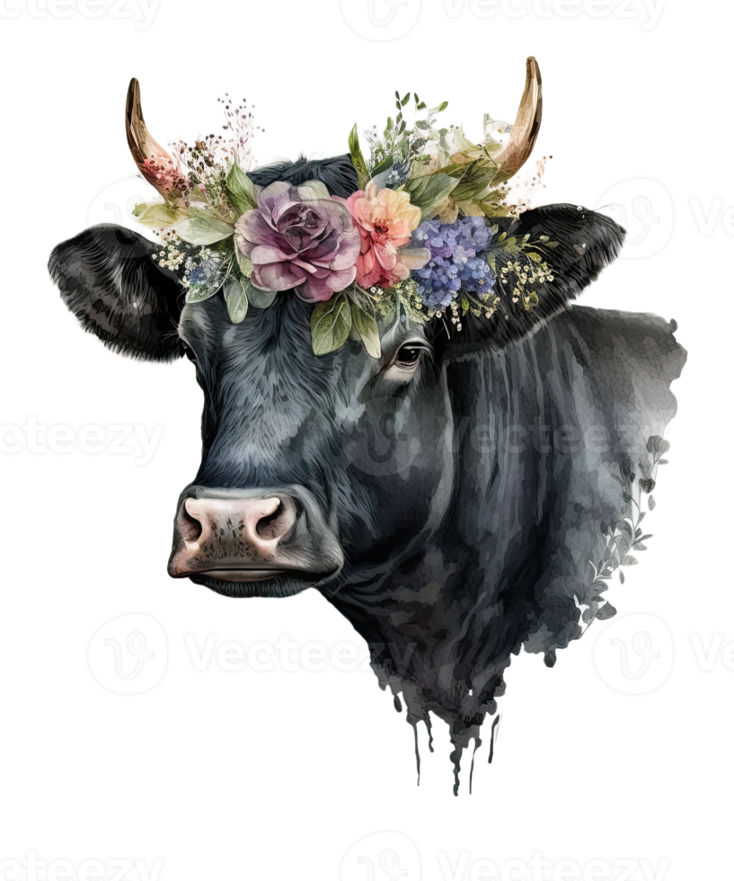 Watercolor cow and Flower on head png