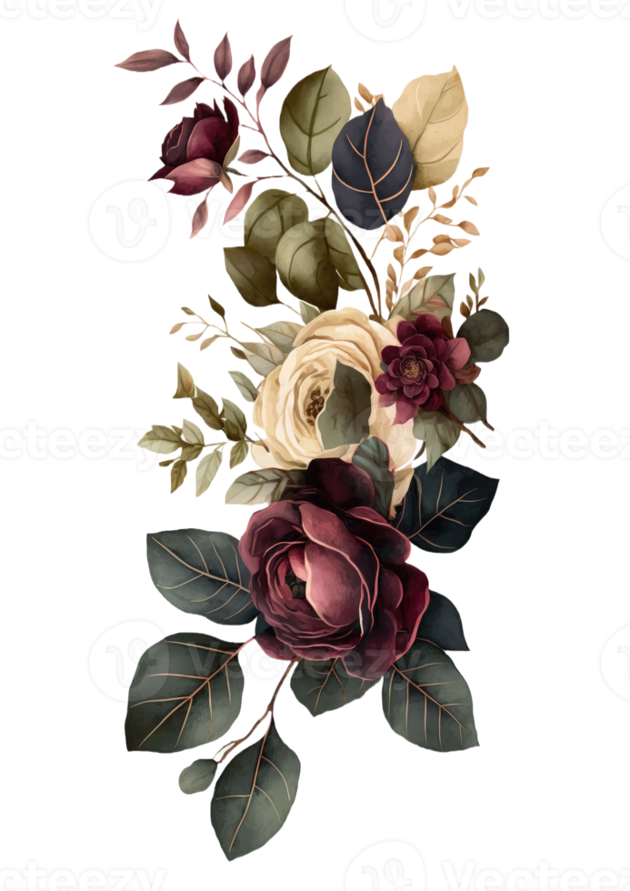 Watercolor floral bouquet composition with roses and eucalyptus png