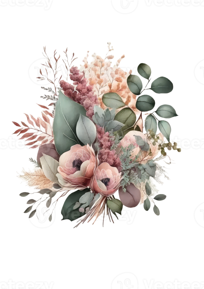 Watercolor floral bouquet composition with roses and eucalyptus png