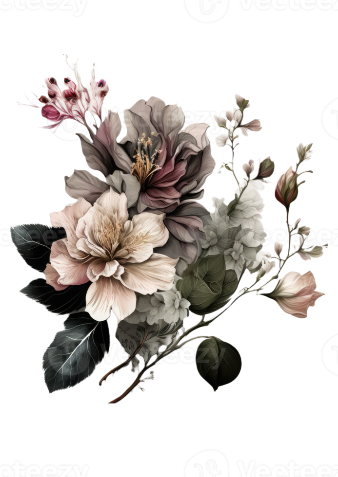 Watercolor floral bouquet composition with roses and eucalyptus png