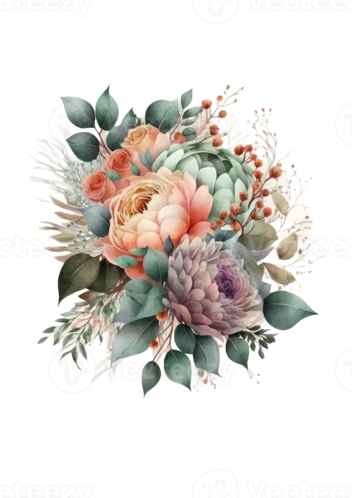 Watercolor floral bouquet composition with roses and eucalyptus png