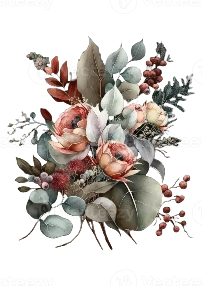 Watercolor floral bouquet composition with roses and eucalyptus png