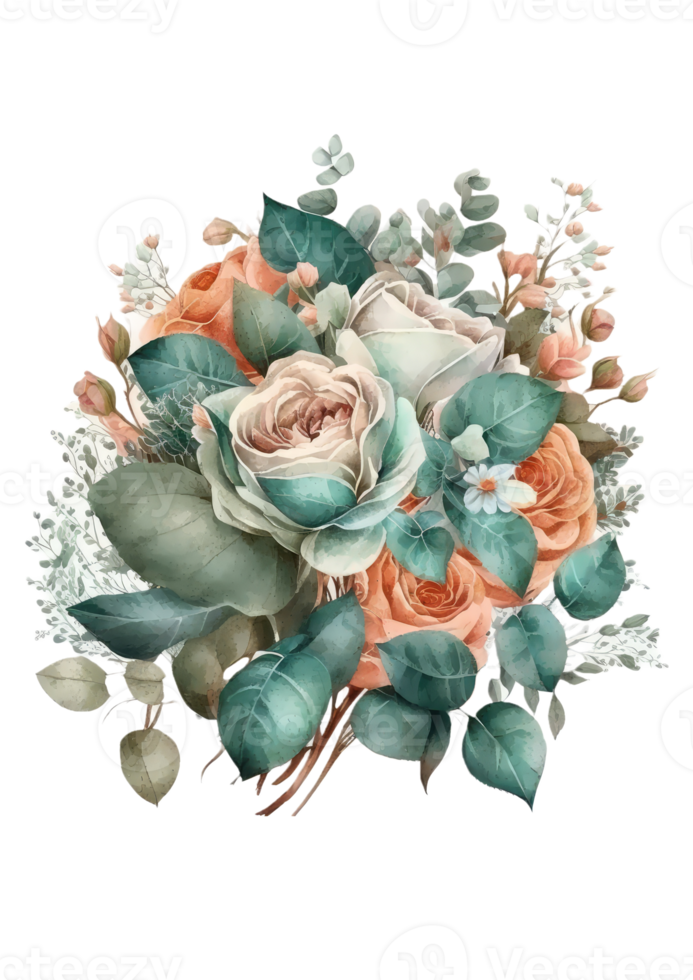 Watercolor floral bouquet composition with roses and eucalyptus png