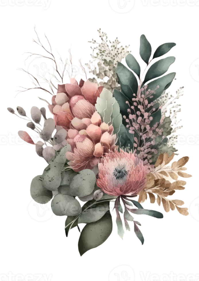 composition de bouquet floral aquarelle avec roses et eucalyptus png