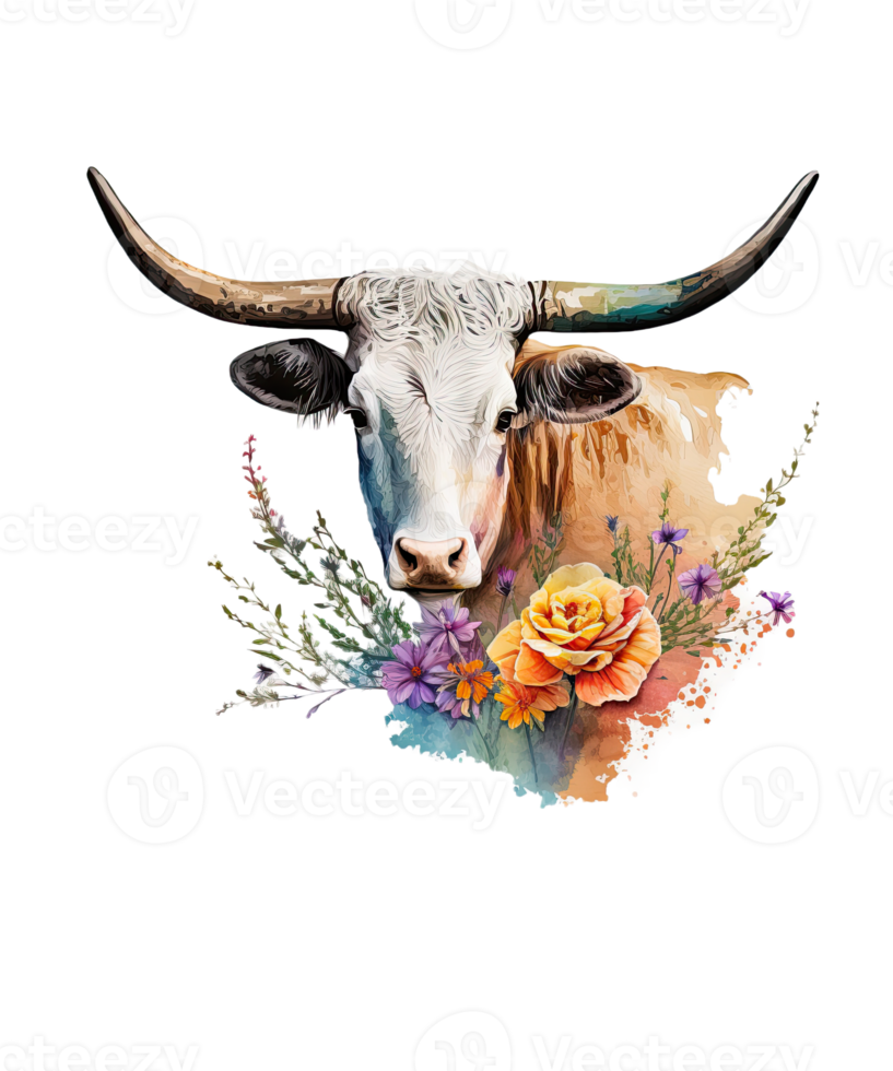 Watercolor cow and Flower on head png