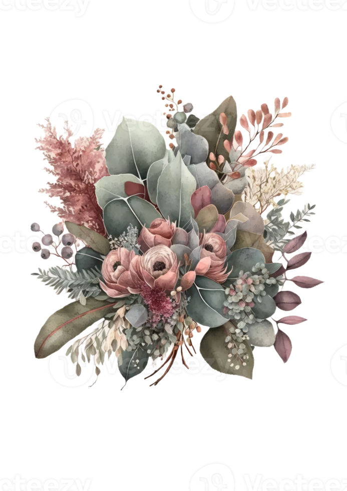 Watercolor floral bouquet composition with roses and eucalyptus png