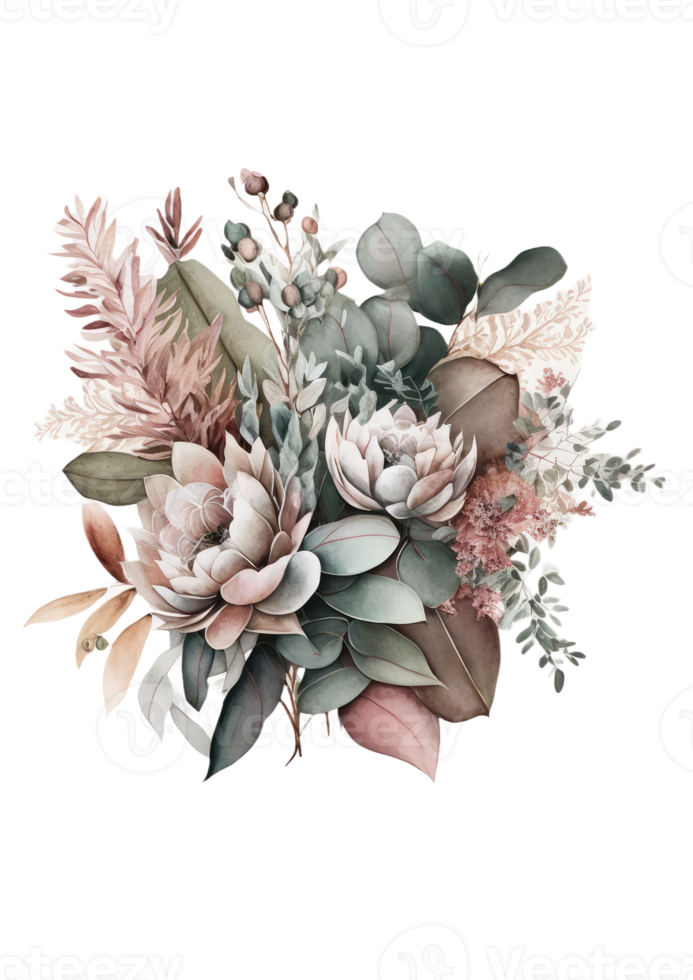 Watercolor floral bouquet composition with roses and eucalyptus png