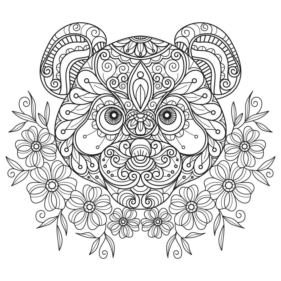 Panda and flower hand drawn for adult coloring book vector