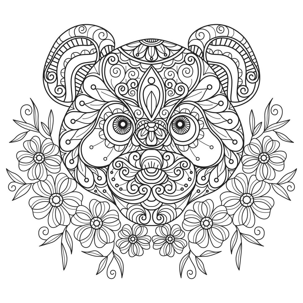 panda y flor dibujadas a mano para un libro de colorear para adultos vector