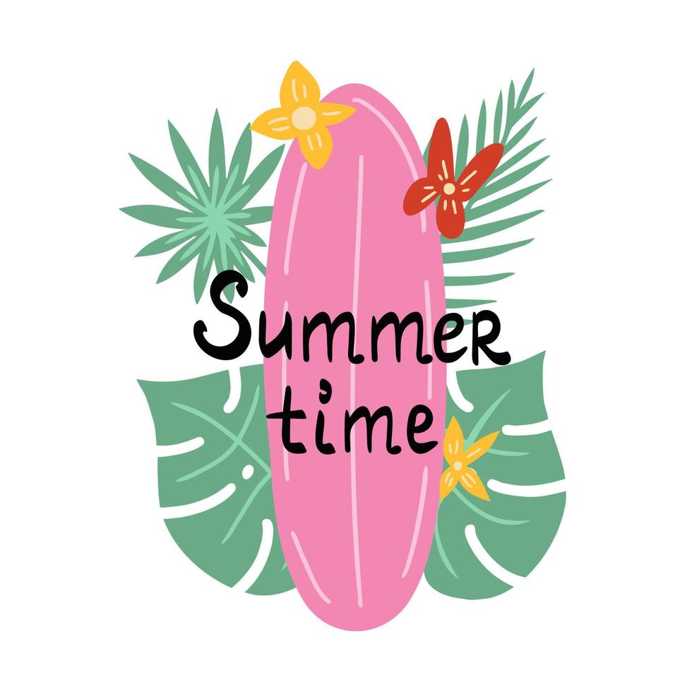 horario de verano y tabla de surf. ilustración para impresión, fondos, cubiertas y embalaje. la imagen se puede utilizar para tarjetas de felicitación, carteles, pegatinas y textiles. aislado sobre fondo blanco. vector